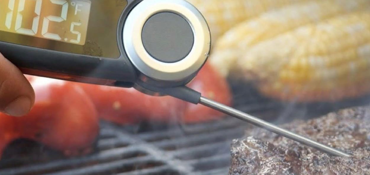 Digital food thermometer testing cooked meat temperature for optimal food safety and grilling precision.