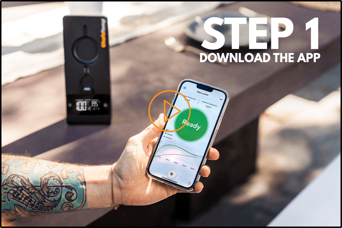 Smartphone controlling ChefsTemp food thermometer via app for precise cooking monitoring.
