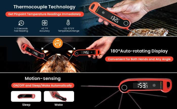 Digital food thermometer with instant temperature readings for grilling and cooking.