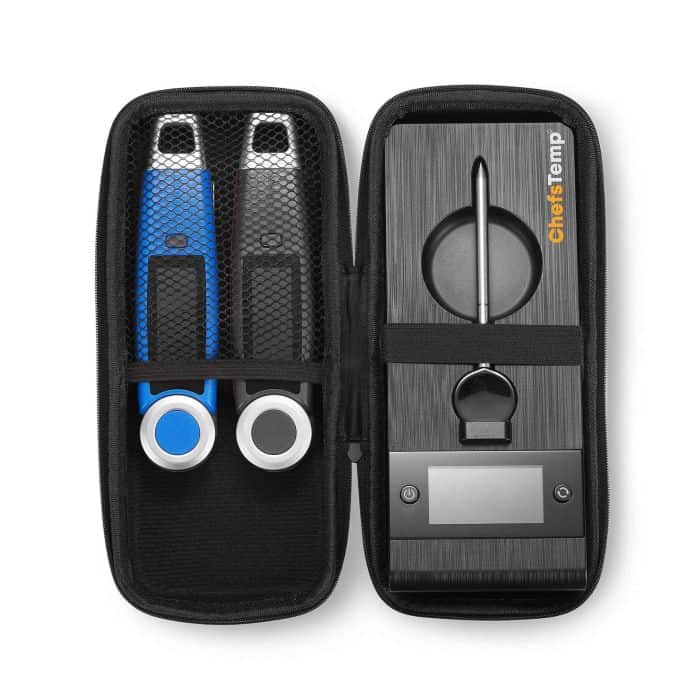Digital food thermometers in a protective case for precise cooking temperature monitoring.