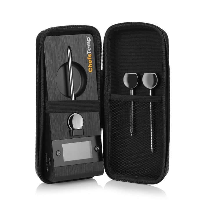 Digital food thermometer with stainless steel probes in protective case for precise cooking.