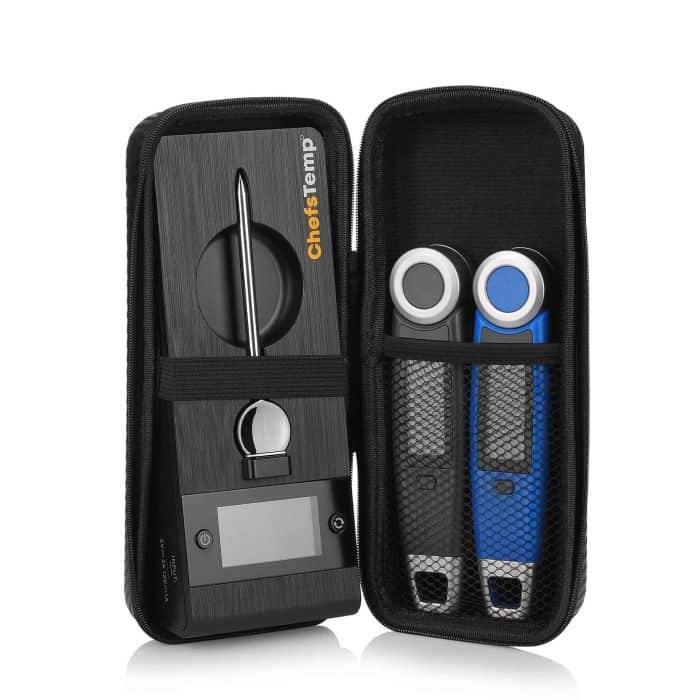 Instant-read cooking thermometer with case for precise food temperature measurement.