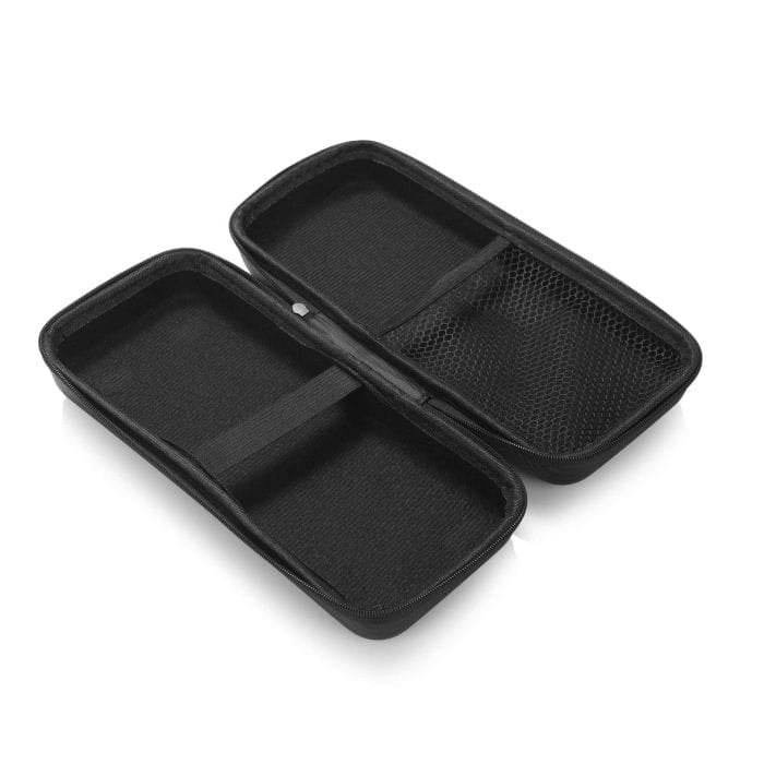 Stainless steel temperature storage case for chef's thermometer, black zippered travel pouch.