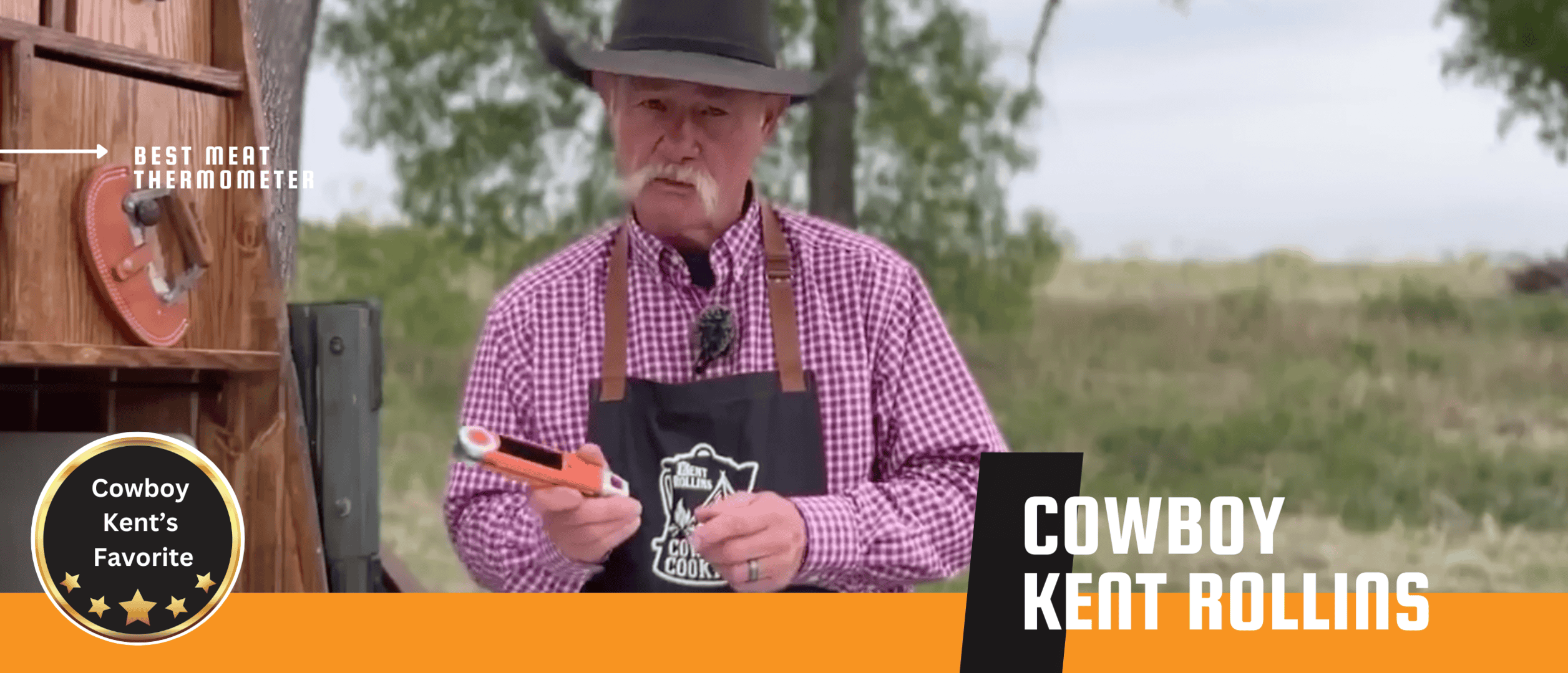 Meat thermometer in cowboy Kent Rollins outdoor cooking demonstration.