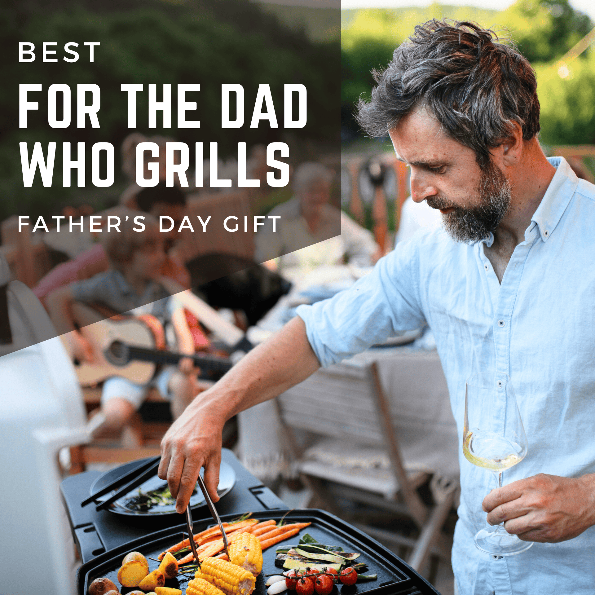 Juicy grilled vegetables and meat on outdoor barbecue grill at Father's Day celebration.