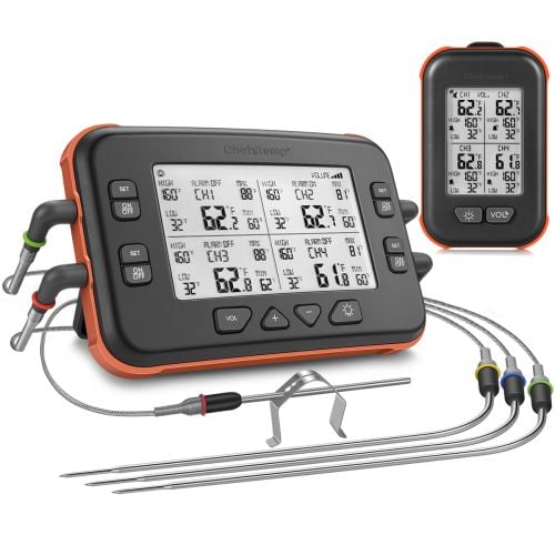 Wireless grilling thermometer with dual probes and digital display for precise temperature monitoring.