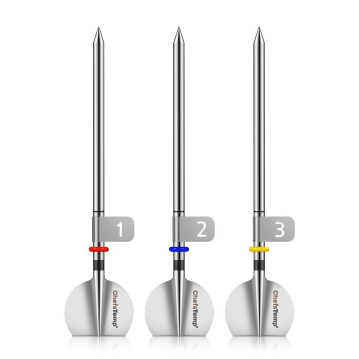 Sensor probes for grilling with color-coded rings for temperature zones, perfect for precise cooking control.