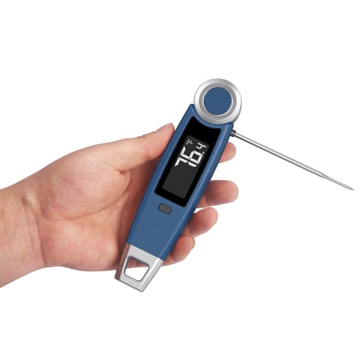Digital food thermometer with LCD display for cooking temperature accuracy.