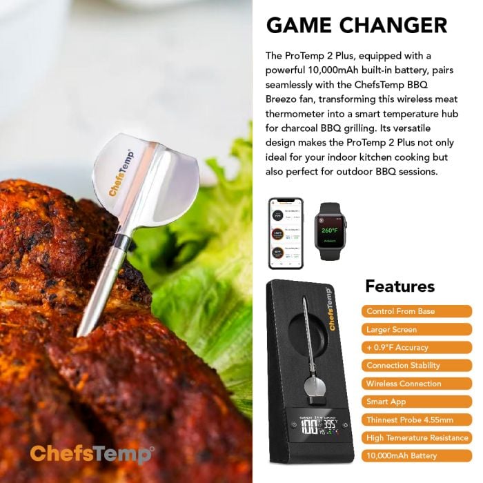 Wireless meat thermometer on grilled meat for indoor and outdoor BBQ, featuring smart app connectivity and long-lasting battery.