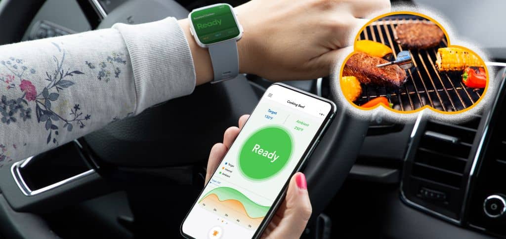 Wireless meat thermometer monitoring grilling temperature on smartphone.