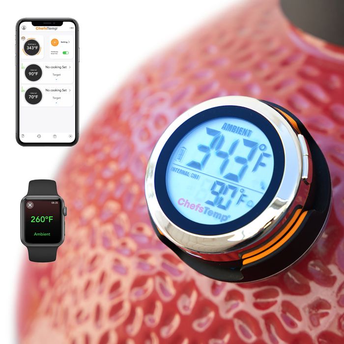 Accurate digital meat thermometer with wireless app control for precise grilling and cooking.
