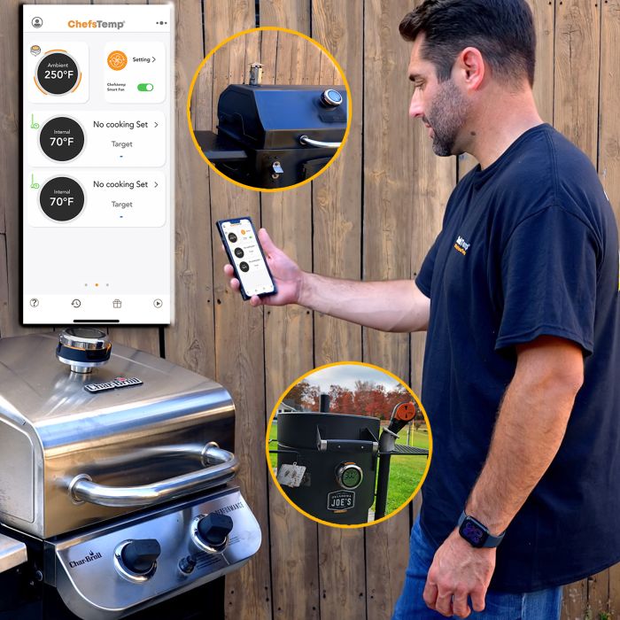 Wireless grilling thermometer with smartphone control for precise outdoor cooking.