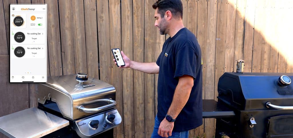 Smart grill temperature control using Chefstemp app for precise outdoor cooking and grilling.