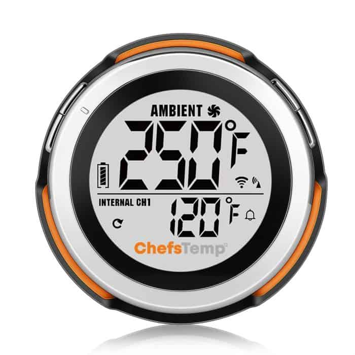 Digital cooking thermometer with wireless monitor for precise temperature control.