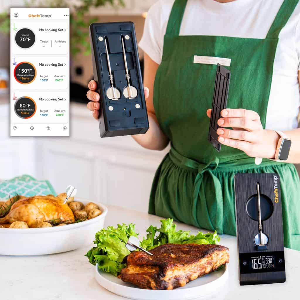 Accurate food temperature monitoring with ChefsTemp wireless meat thermometer. Perfect for perfect cooking results.