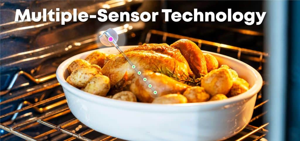 Thermometer in roasted chicken for accurate internal temperature monitoring.