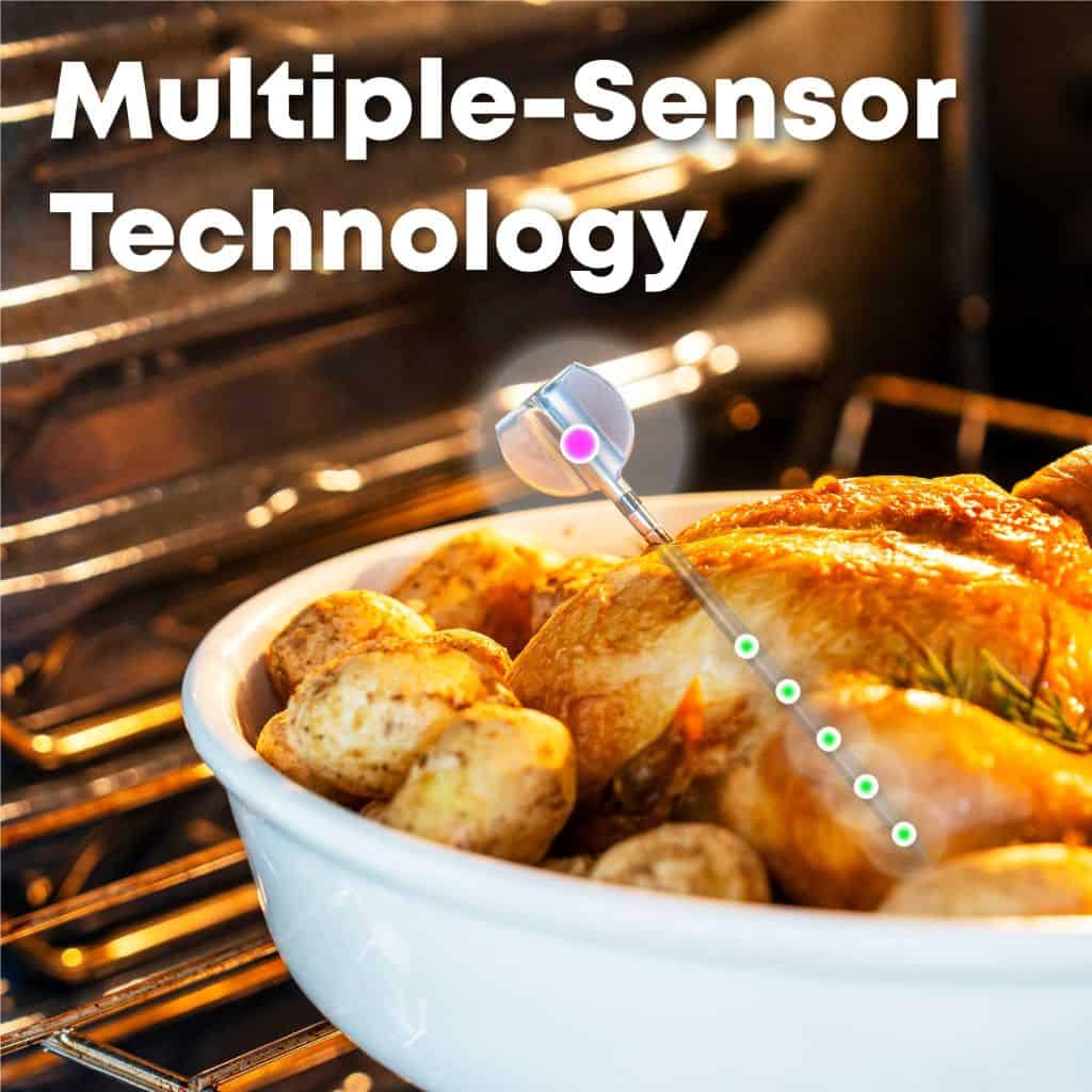 Thermal sensor monitoring roasting chicken with multiple-sensor technology in oven.