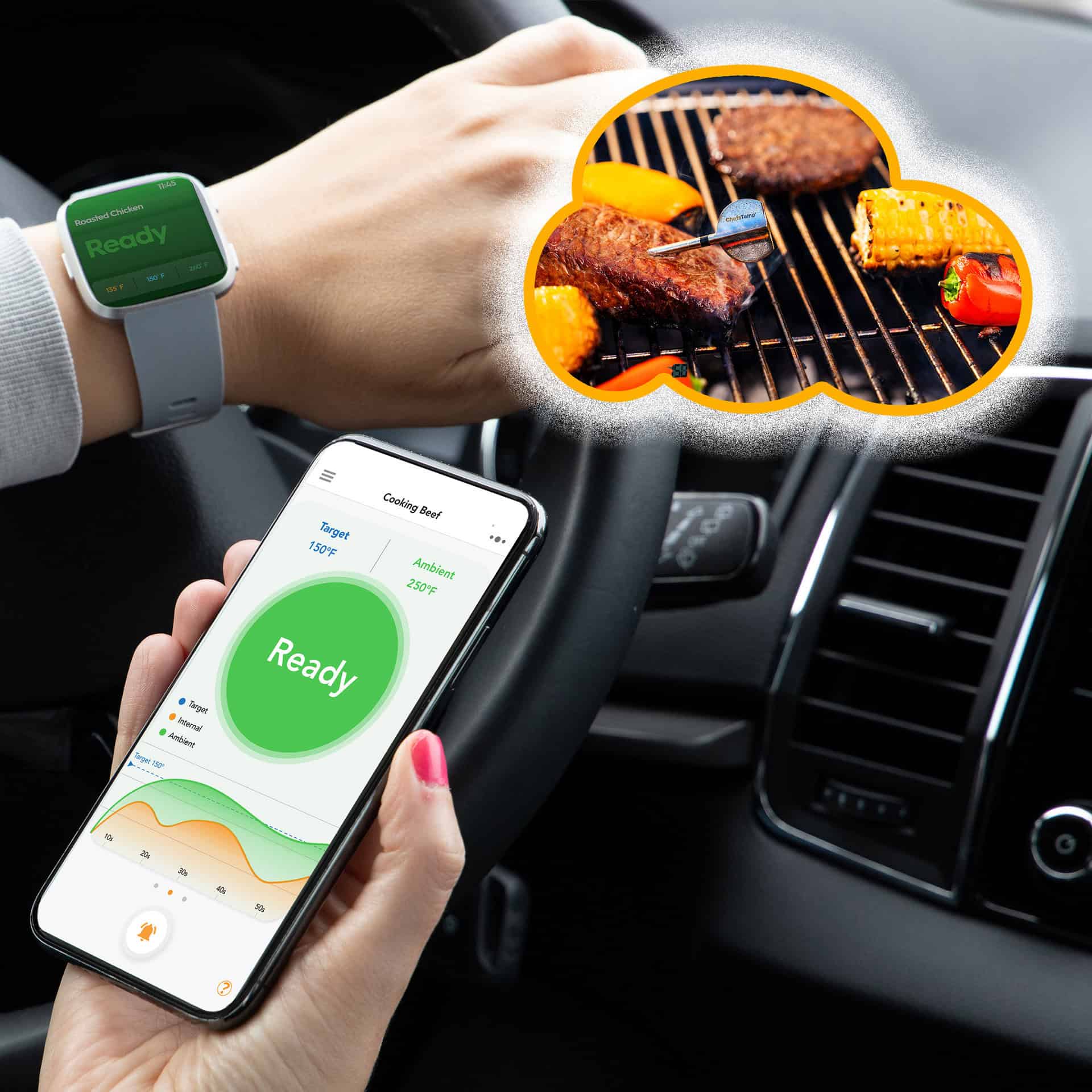 Temp monitoring smart cooking device for grilling and barbecue, wireless meat thermometer with app control.
