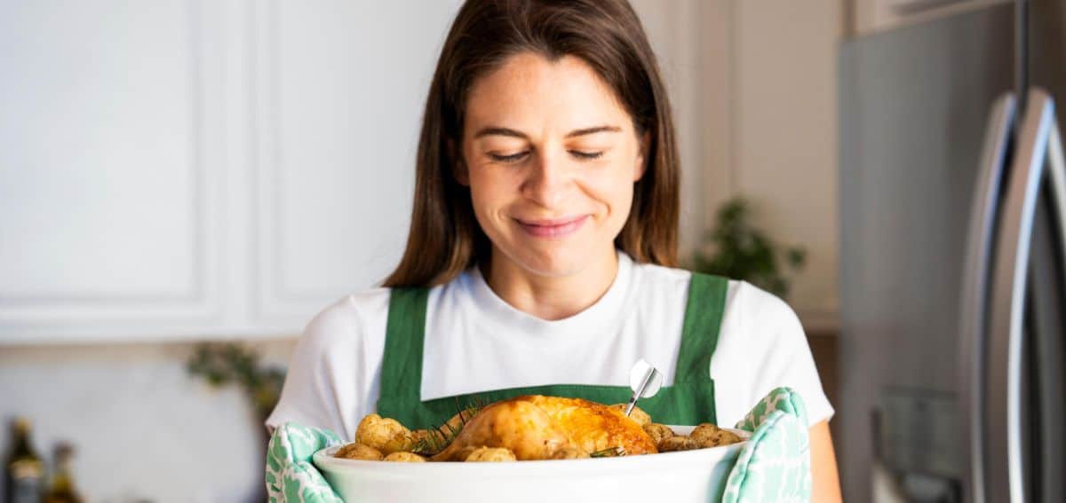 Juicy roasted chicken prepared with Chef's Temp thermometer, cooked to perfection for food safety.