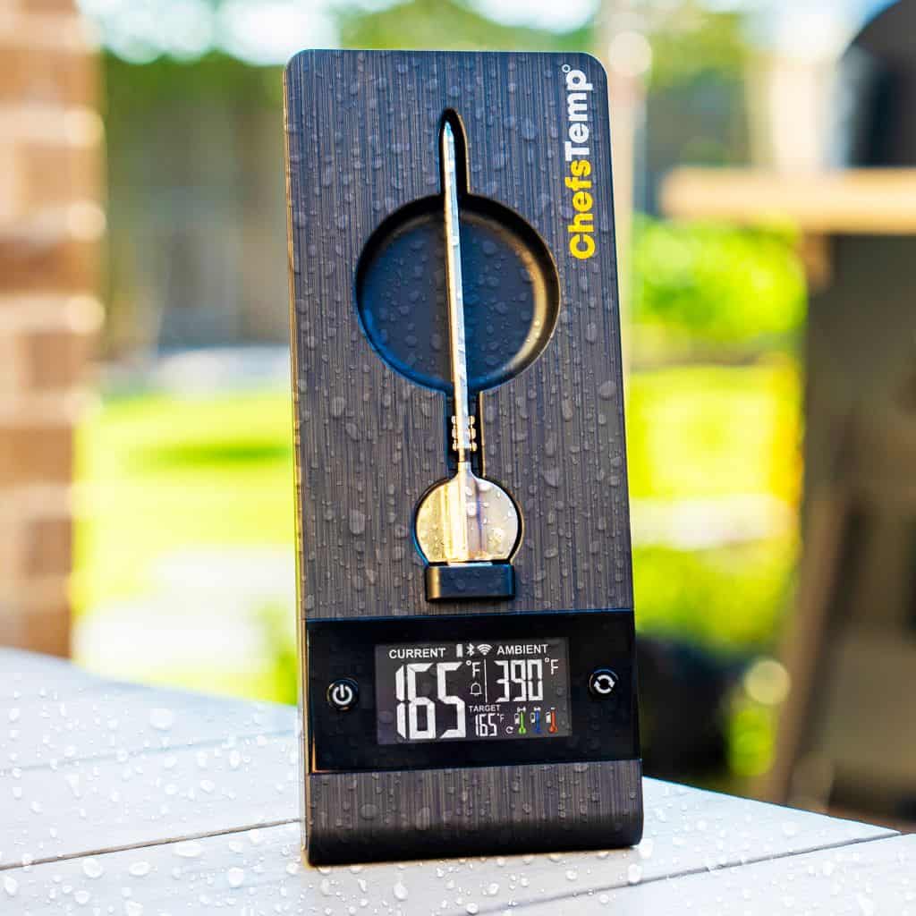 Digital ChefTemp grill thermometer for precise meat temperature monitoring.