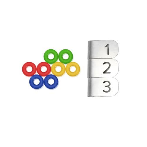 Colorful food temperature indicator rings with a white chef's temperature label.