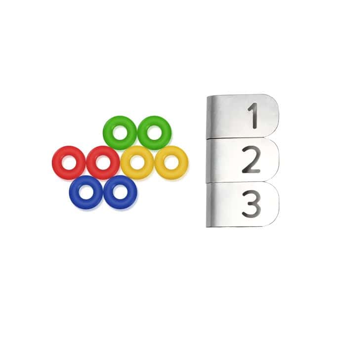 Colorful food temperature indicator rings with a white chef's temperature label.