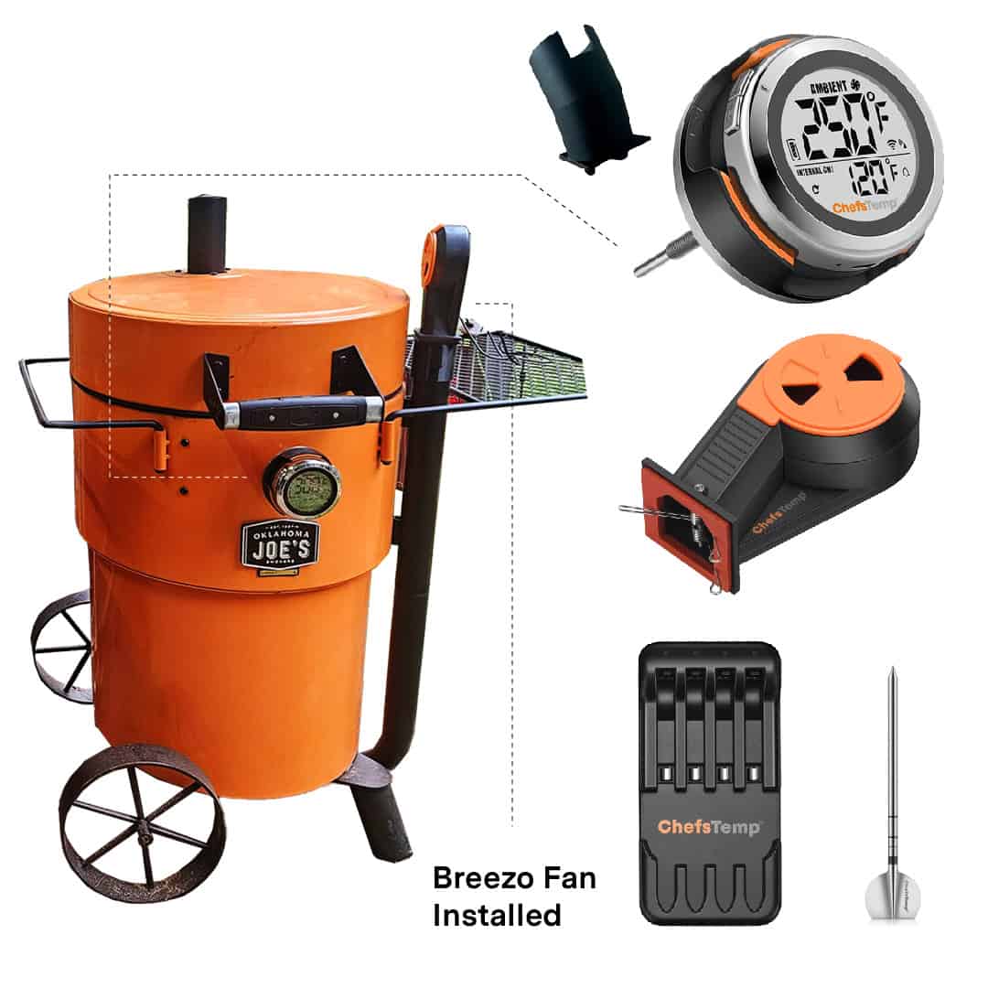 Wireless grill temperature controller system with Breezo fan, thermometer, and accessories for Oklahoma Joe’s Bronco.