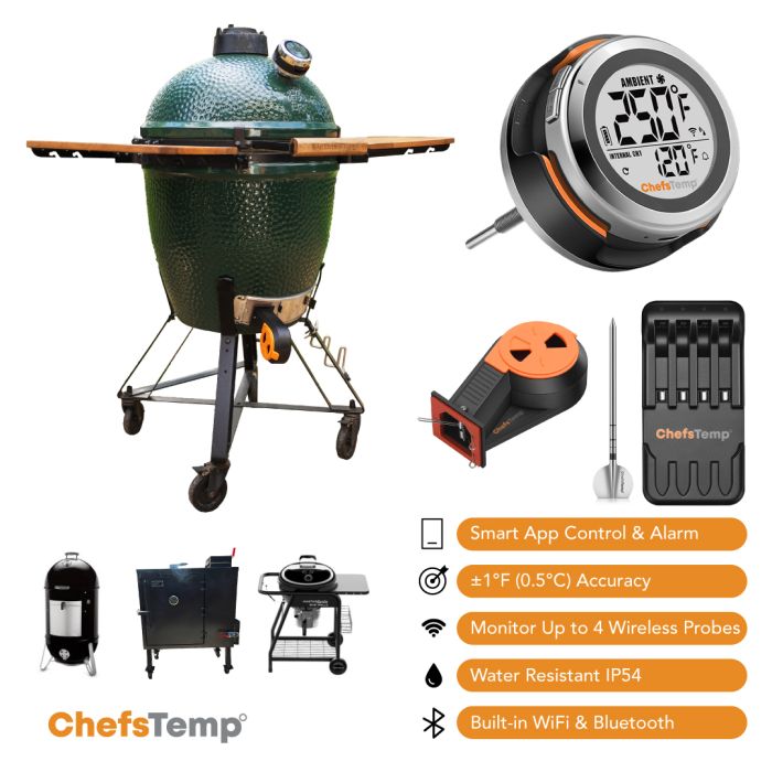 Wireless grilling thermometer with digital display and app control for precise cooking.