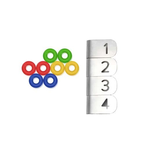 Colorful bottle caps with math number stack and counting blocks, educational kitchen timer concept.