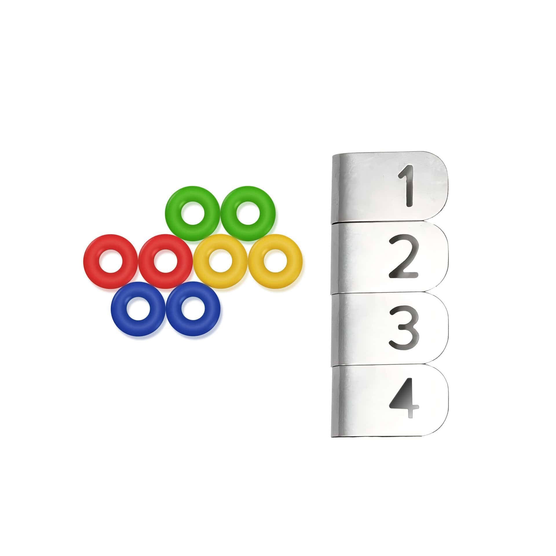 Colorful bottle caps with math number stack and counting blocks, educational kitchen timer concept.