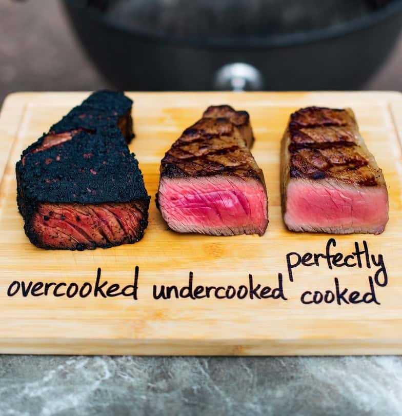 Comparison image showing overcooked, undercooked, and perfectly cooked steak