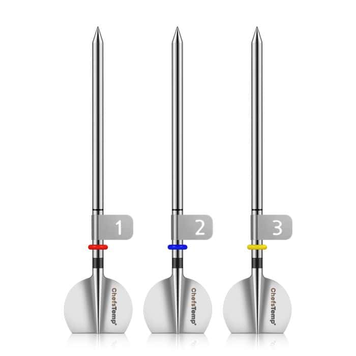 Stainless steel barbecue temperature probes with color-coded handles for accurate meat cooking.