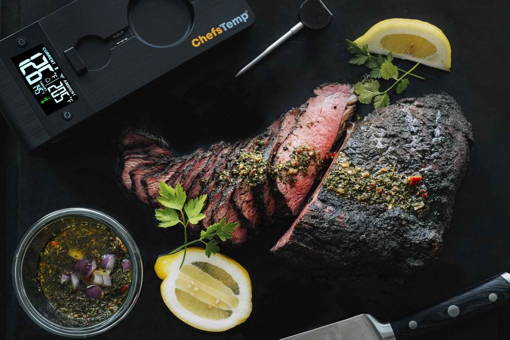 Juicy prime rib roast cooked with Chef's Temp thermocouple probe for perfect doneness.