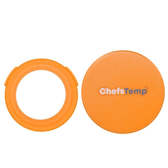Orange ChefTemp infrared thermometer indicator and protective cover for accurate cooking temperature measurement.