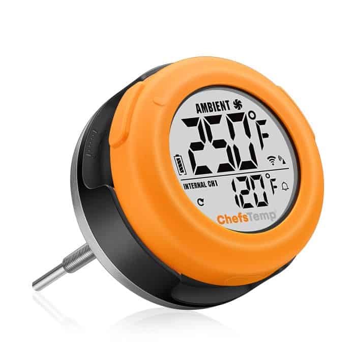 Digital kitchen thermometer with backlit display for cooking and grilling needs.