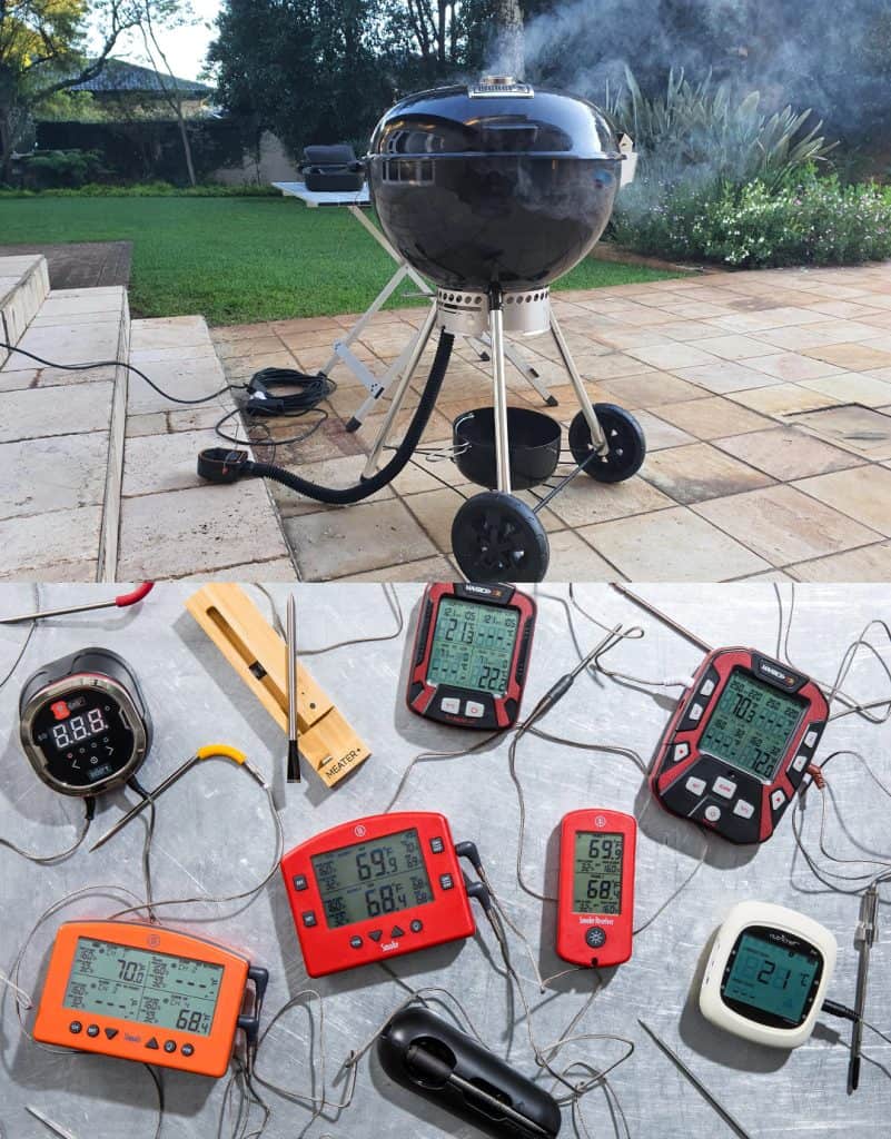 High-quality charcoal grill outdoors with temperature testing equipment for precise grilling.