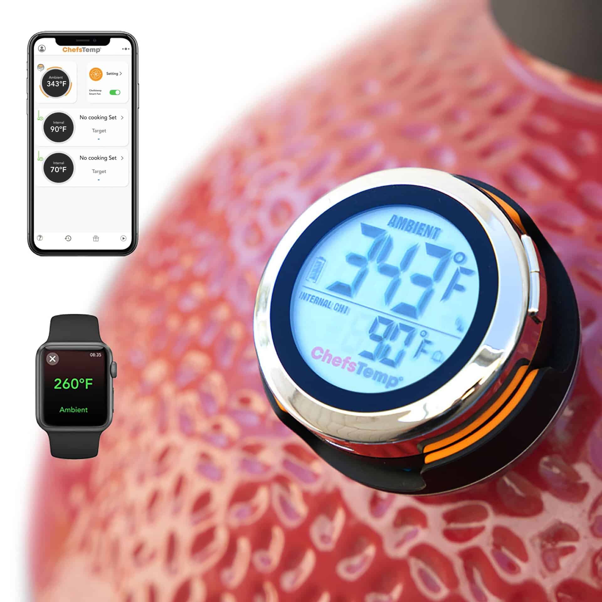 Digital wireless thermometer displaying internal food temperature and app interface for precise grilling control, ideal for BBQ enthusiasts.