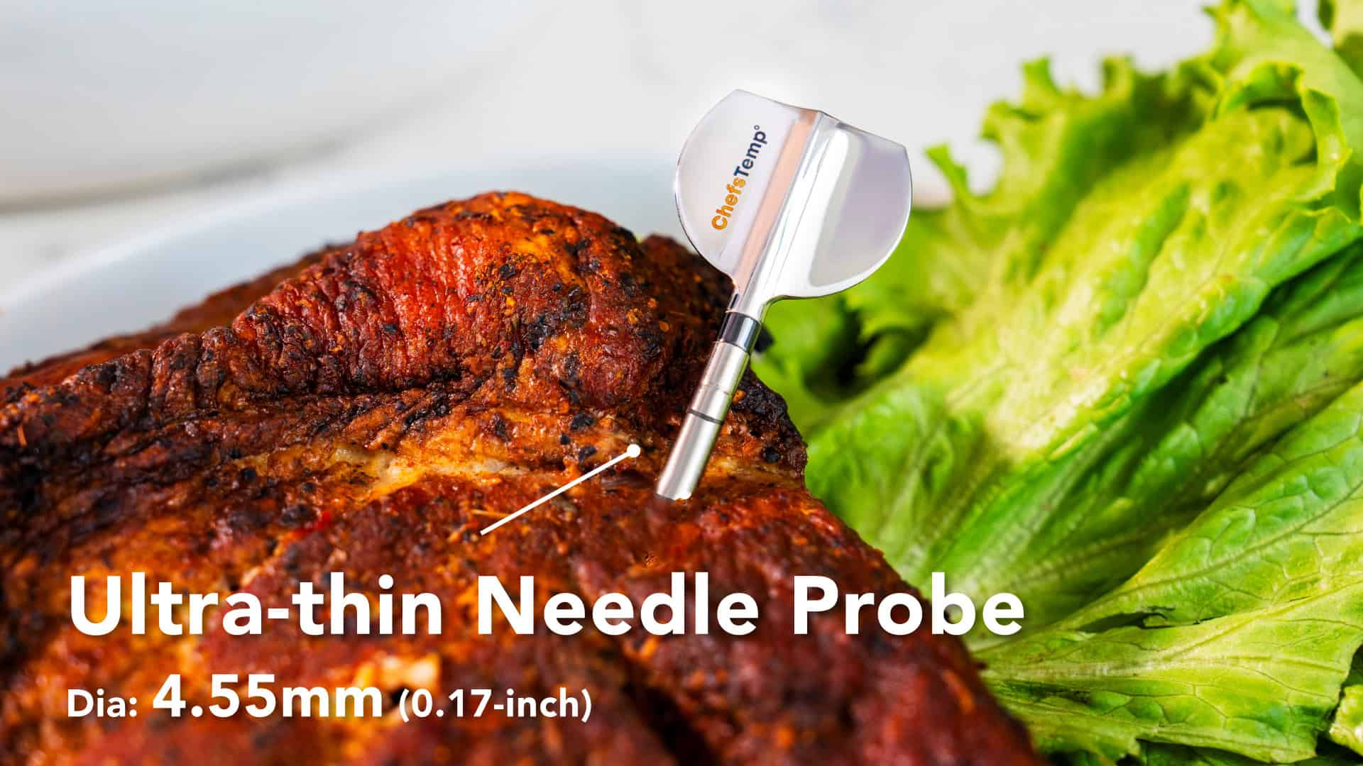 Ultra-thin needle probe on grilled meat, ideal for accurate temperature readings.