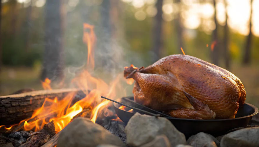 Fire cooking the turkey