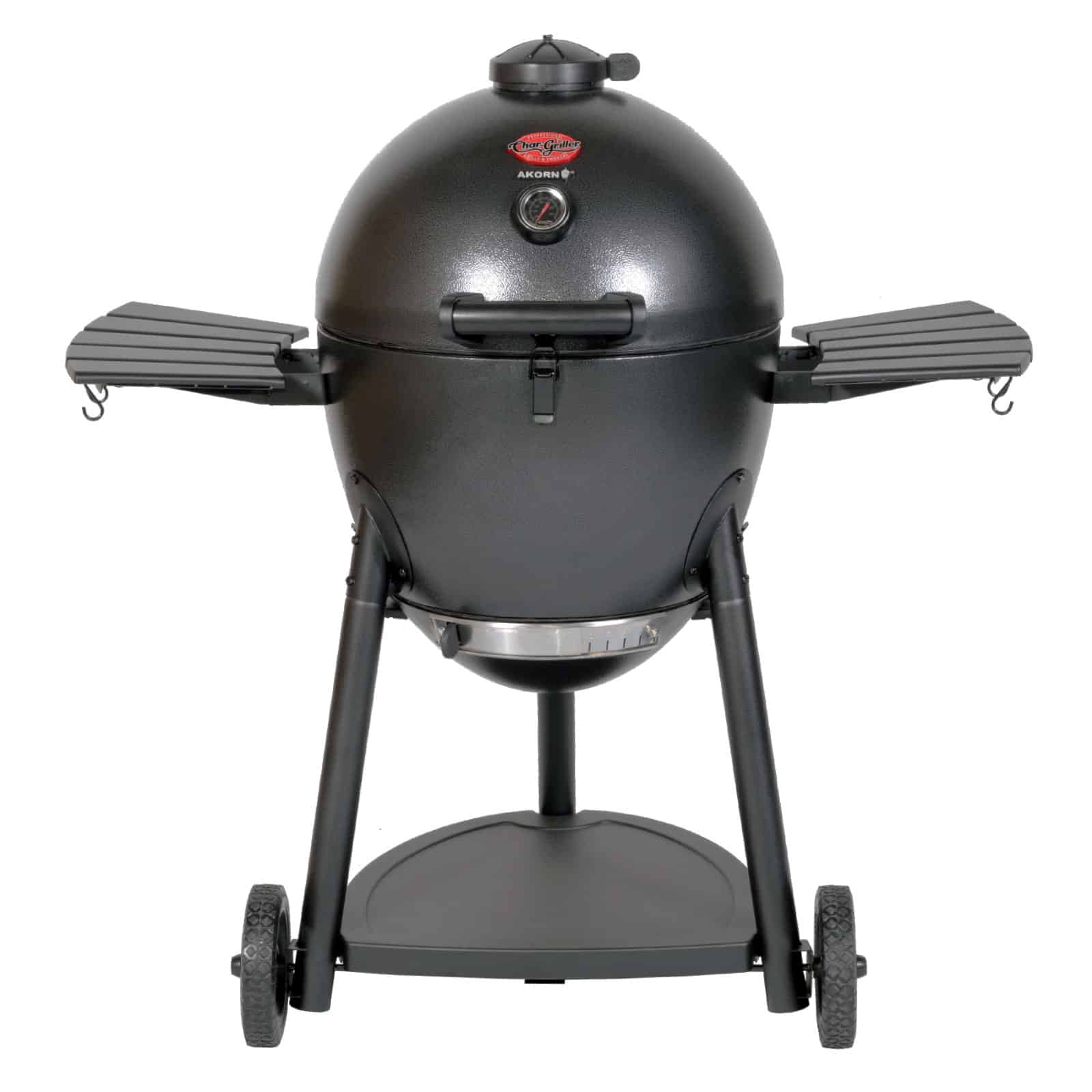 A charcoal grill with side shelves, built-in thermometer, and sturdy wheels for outdoor cooking and grilling convenience.