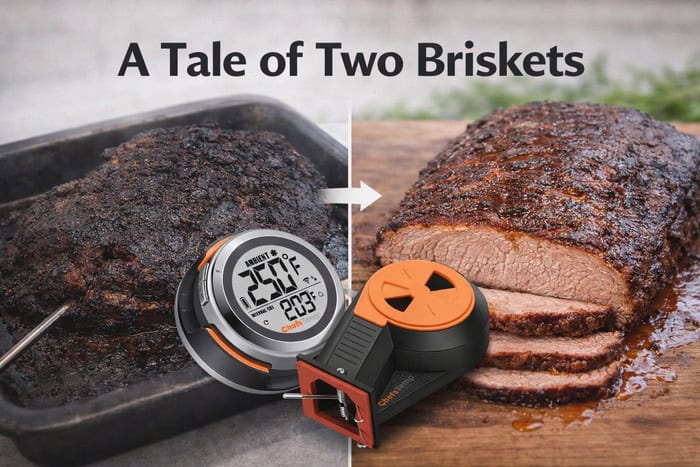 Wireless meat thermometer monitoring brisket temperature during smoking process.