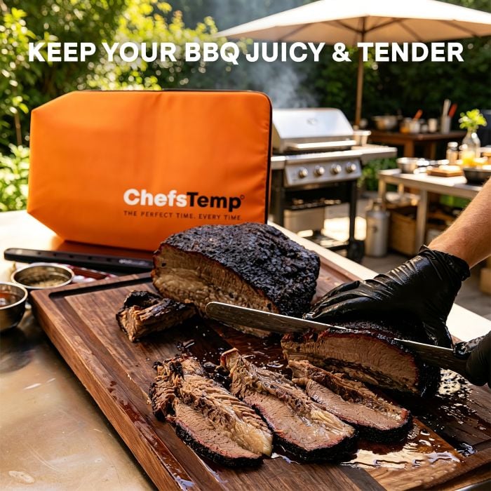 Close-up of a person slicing a smoked beef brisket on a wooden cutting board outdoors, with grilling tools and ChefsTemp bran.