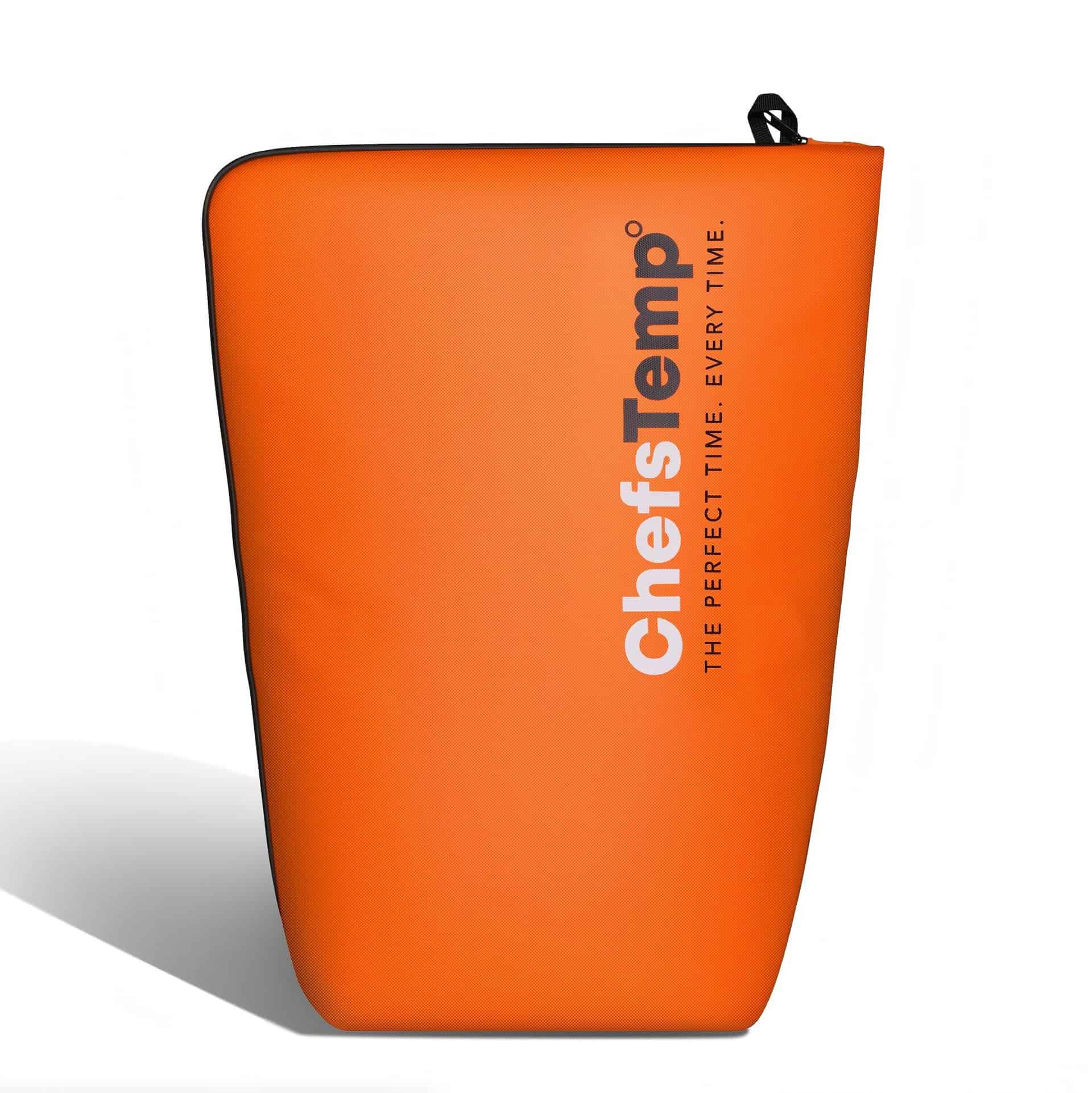 Bright orange ChefsTemp grill tool case with logo and zipper for grilling accessories.