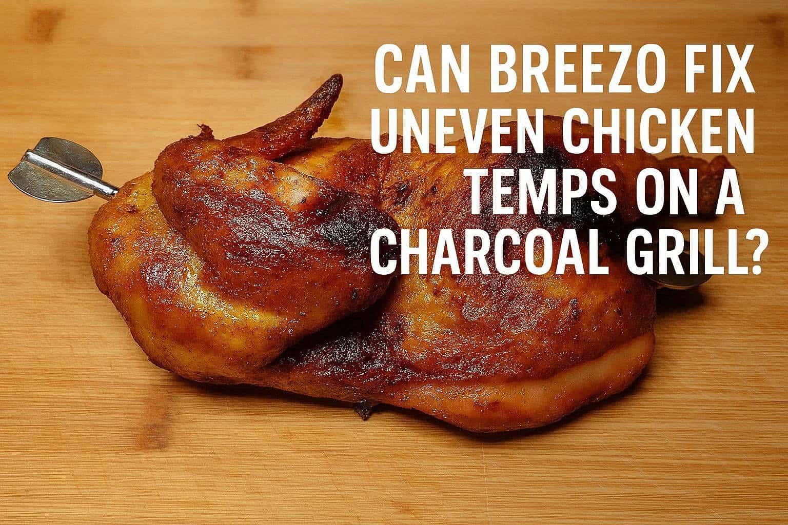 Grilled chicken with a meat thermometer on a wooden surface, addressing uneven cooking temperatures.